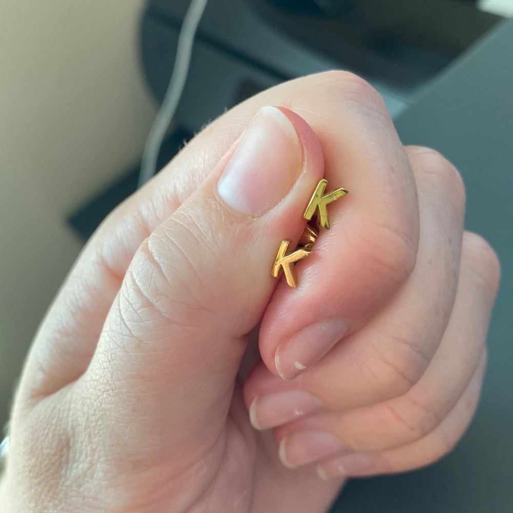 Gold filled K stud earrings. Sterling silver posts. Hypoallergenic.